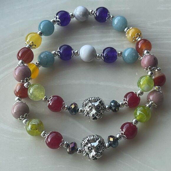Lion head one NEW stretch bracelet beaded rainbow carnelian rhodonite Amazonite - Picture 5 of 9